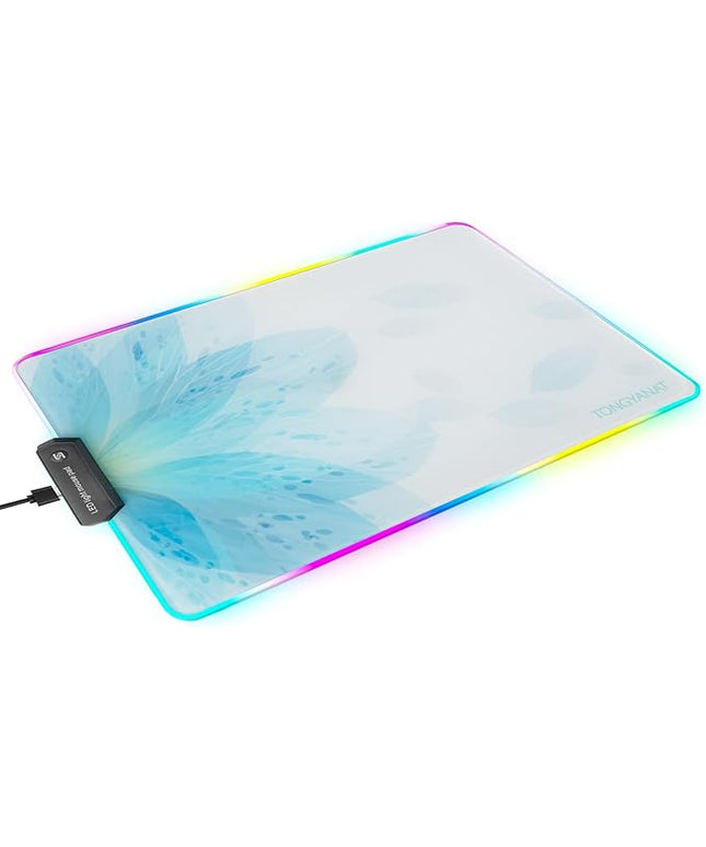 RGB Glass Mouse Pad for Gaming, Professional Esport Ultra Smooth Mouse Mat, Dimmable Border Lighting Color Mousepad with Stable Rubber Base, Speed Control for Games and Office (Blue, 13.8" x 10.2")