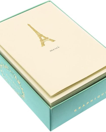 Graphique Eiffel Tower Merci Notecards – 10 Embossed Gold Foil Blank Cards with Envelopes – Boxed Set – 3.25" x 4.75"