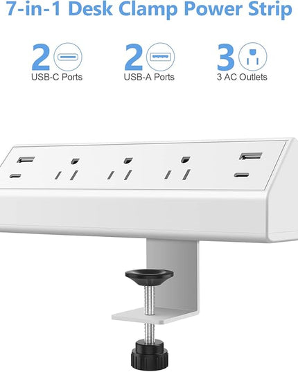 Desk Clamp Power Strip,40W Fast Charging Station,Desktop Mount Surge Protector,2 PD 20W USB C Ports,3 Outlets for Home,Office,Fit 1.9" Tabletop Edge (White, 3 Outlets & 4 USB Ports & 25 FT Cable)