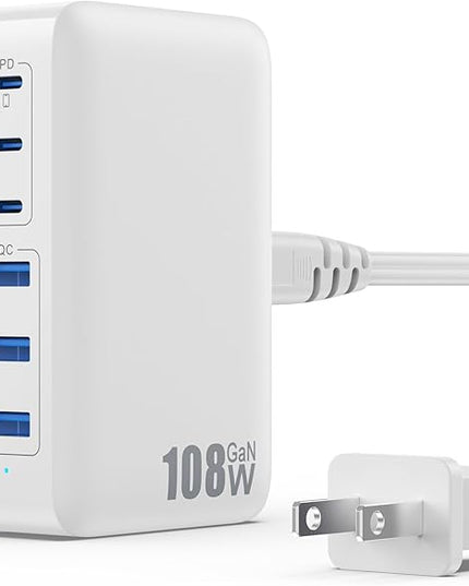 USB C Charger Block Charging Station,108W GaN III 6 Port 3xQC+3xPD Wall Charger Adapter Plug Cube,Super Fast Type C Charging Hub Box for iPhone 17 16 15 14 13 Pro Max iPad Samsung Pixel 5ft Cord-White