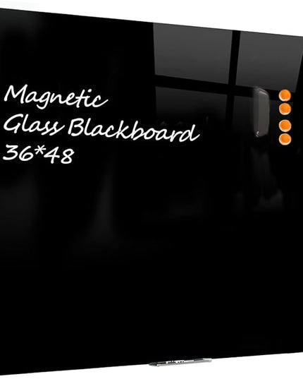 Glass Black Board Magnetic Dry Erase Board - Black Board 48 x 36 Inches Wall Mounted Glass Blackboard, Large Frameless Glass Black Board for Wall Office, Home & School