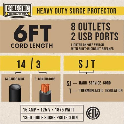 Heavy Duty Power Strip Surge Protector 8 Outlets with 6 ft Long Extension Cord 14 AWG, 15 Amp Metal Power Strip with 1350 Joules Surge for Workshop - ETL Listed