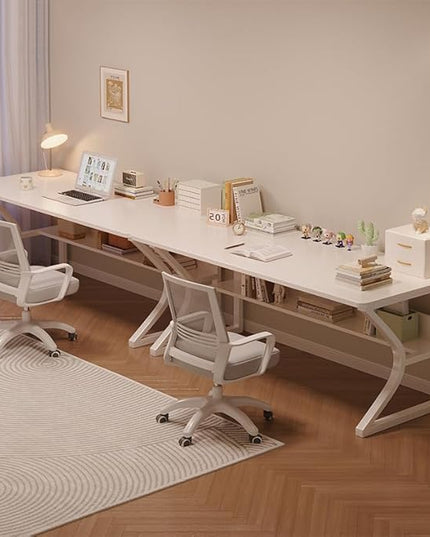Extra Long Desk with Bookshelf - 71" Double Long Writing Table for 2-Person Workstation, Modern Study Work Computer Desk for Home and Office, Warm White