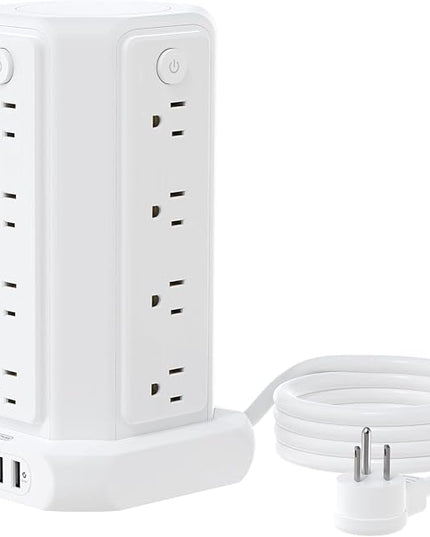 10 FT Extension Cord Power Strip Tower, 16 Widely Outlets 1875W 15A, Flat Plug Surge Protector with 4 USB Ports, Individual Switches, 1080 Joules, Overload Protection for Home Office Desktop, White