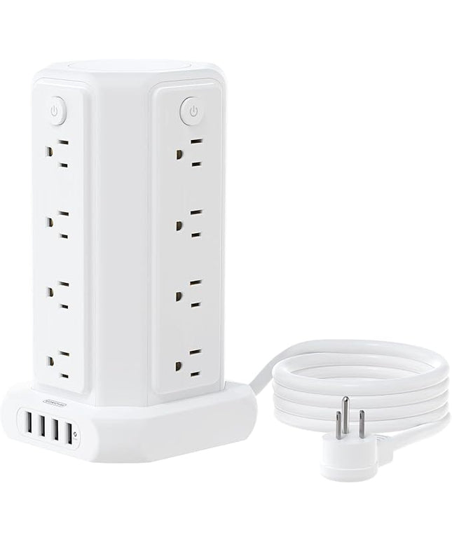 10 FT Extension Cord Power Strip Tower, 16 Widely Outlets 1875W 15A, Flat Plug Surge Protector with 4 USB Ports, Individual Switches, 1080 Joules, Overload Protection for Home Office Desktop, White