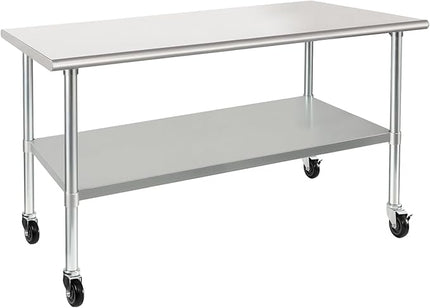HARDURA Stainless Steel Table with Wheels 30 x 60 Inches Casters NSF Heavy Duty Commercial Work & Prep Table with Undershelf and Galvanized Legs for Restaurant Kitchen Bar and Hotel Garage
