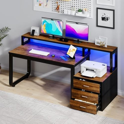 Computer Desk with Storage Drawers, 67 Inch Wooden Office Desk with Long Monitor Stand&Printer Shelf, Reversible Long Desk with LED Lights for Bedroom, Escritorios para Computadoras, Black and Walnut