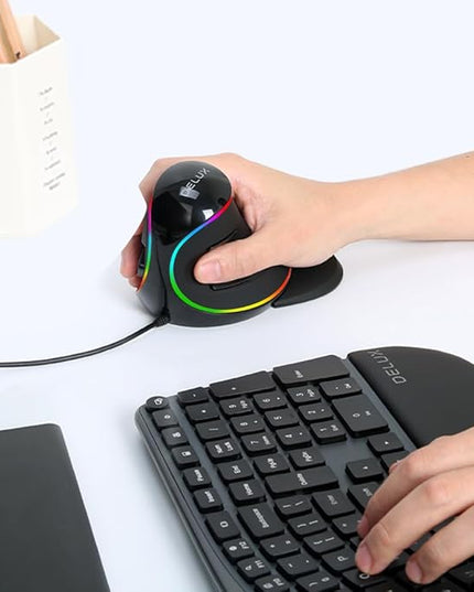 DeLUX Ergonomic Vertical Mouse, Wired Ergo Mouse for Large Hands, 6 Programmable Buttons, Up to 12800 DPI, Removable Wrist Rest, Vibrant RGB Backlit, for Windows 7/8/10/XP/Vista (M618Plus RGB-Wired)