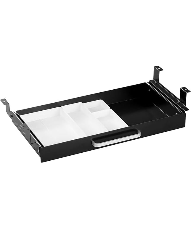 OSteed Under Desk Drawer Black 21" with 4 Divider Trays, Under Shelf Pencil Drawer Pull-out, Standing Desk Metal Storage Attachment Slide Out for Workbench