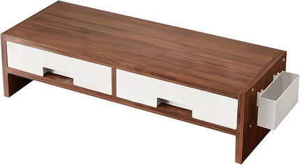 Desk Monitor Stand Riser - Double Drawer Organizer, Ergonomic Adjustable Shelf, Durable Wooden Desktop | Space-Saving Computer Accessory for Home Office Study and Bedroom Setup