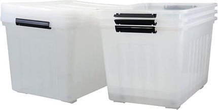 4-Pack Clear Large Plastic Storage Box with Wheels, 70 L Latching Storage Box