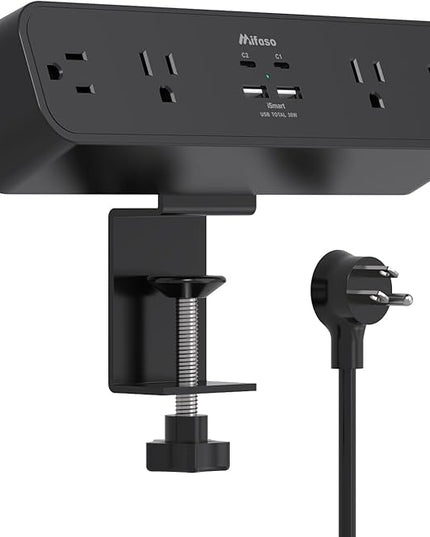 PD30W Desk Clamp Power Strip, Desktop Mount Surge Protector, Fast Charging Station, 5Ft Extension Cord Desk Mount Shelf with 4 Outlets 4 USB Ports (2 USB C), Home Office Accessories Essentials, Black