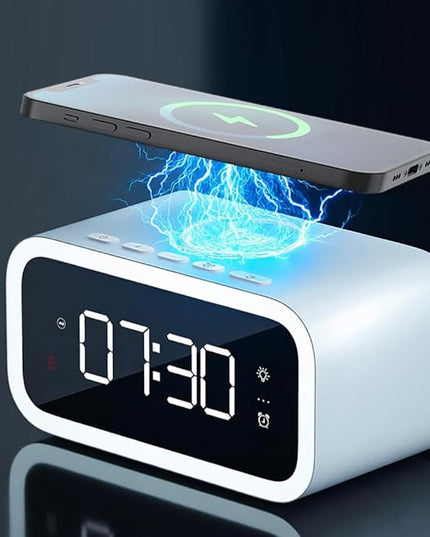 AYI 4in1 Smart Wireless Charging Alarm Clock with Mirror Display | 15W Fast Charger for Phone & Earbuds, 3 Group Alarms, Warm White/Yellow Night Light, Temperature Display Extra USB Port-White
