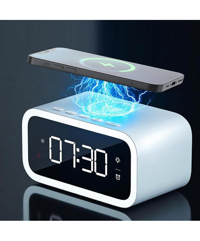 AYI 4in1 Smart Wireless Charging Alarm Clock with Mirror Display | 15W Fast Charger for Phone & Earbuds, 3 Group Alarms, Warm White/Yellow Night Light, Temperature Display Extra USB Port-White