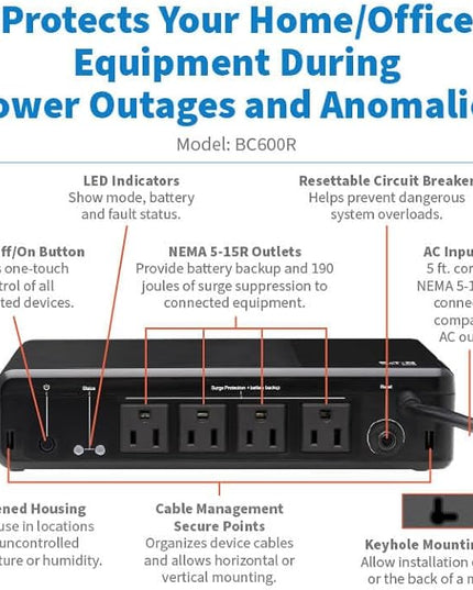 Tripp Lite 600VA UPS Desktop Battery Backup and Surge Protector, 300W, 4 Outlets, Home & Office UPS, Small Form Factor, Wall Mounting Option, 5ft Cord, 3-Year Warranty (BC600R)