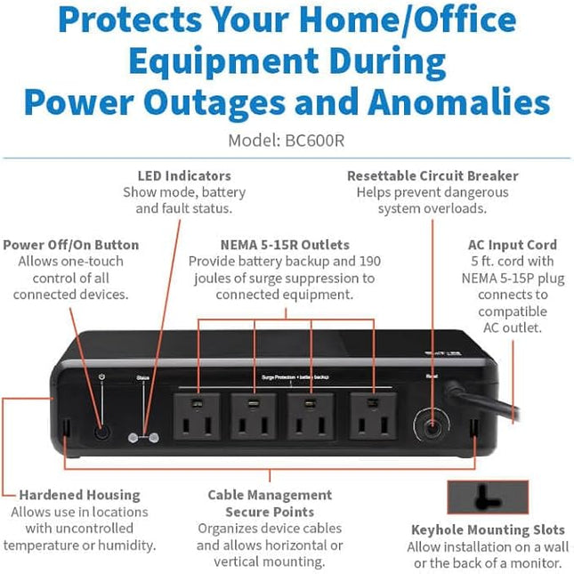Tripp Lite 600VA UPS Desktop Battery Backup and Surge Protector, 300W, 4 Outlets, Home & Office UPS, Small Form Factor, Wall Mounting Option, 5ft Cord, 3-Year Warranty (BC600R)