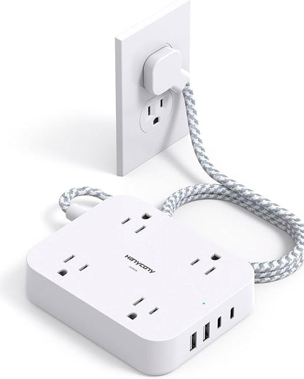 Surge Protector Power Strip, HANYCONY 5Ft Extension Cord with 4 USB Ports(2 USB C), 4 Widely Outlets Extender, Wall Mount, Desk Charging Station for Office School Travel College Dorm Room Essentials