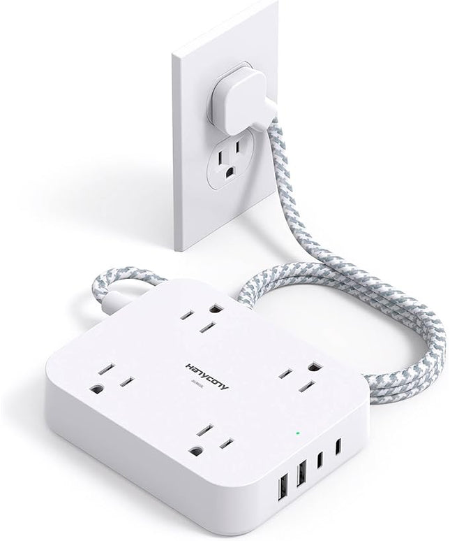 Surge Protector Power Strip, HANYCONY 5Ft Extension Cord with 4 USB Ports(2 USB C), 4 Widely Outlets Extender, Wall Mount, Desk Charging Station for Office School Travel College Dorm Room Essentials