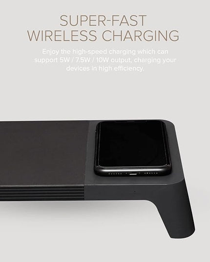 POUT E8 Wood Desk Monitor Computer Stand Riser Shelf + USB HUB + Qi Fast Wireless Charging Charger Pad Mat for Laptop, Apple, iMac, PC, iPhone, Samsung Galaxy, Airpod 2, Buds (Black)