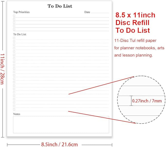 Letter Size TUL Discbound To Do List Refills, 11 Disc Daily Planner Insert, 100Sheets / 200Pages To Do Paper, 100gsm White Paper, 8.5'' x 11''