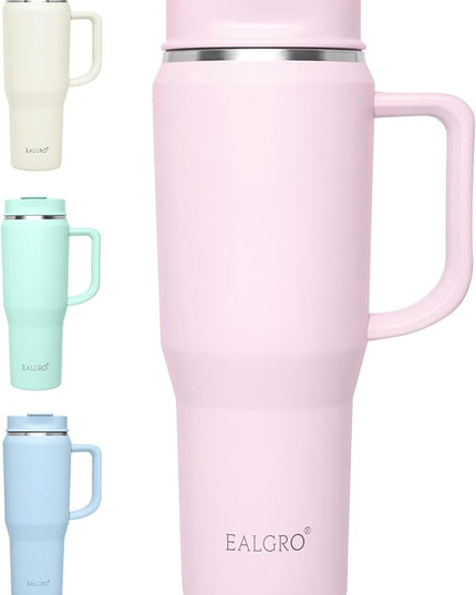 40 oz Tumbler with Handle, Insulated Tumblers with Lid and Straw, Large Metal Sports Water Bottle Jug, Thermal Stainless Steel Travel Coffee Mug Cup, Blush