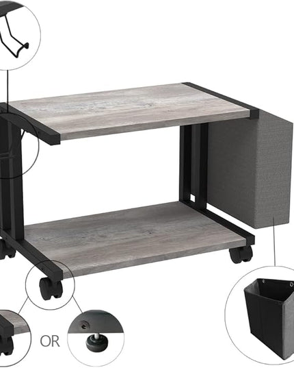 VEDECASA 2 Tier Vintage Greige Wooden Under Desk Printer Stand with Storage Bag for Home Office Desktop Printer Table Organizer Mobile Printer Shelf Cart with Caster Wheel