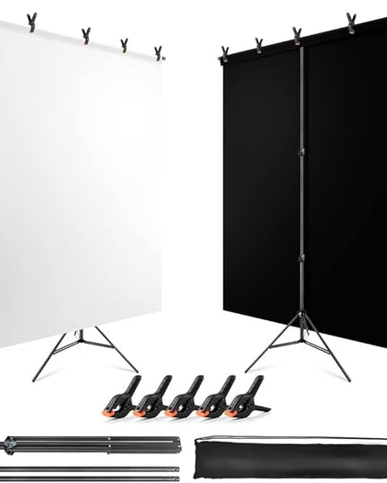 Black White Backdrop Screen with Stand Kit for Photo Video Studio Filming 5X6.5ft, Black Backdrop White Photo Curtain Background with T Shape Stand and 5 Spring Clamp for Photography Party Decorations