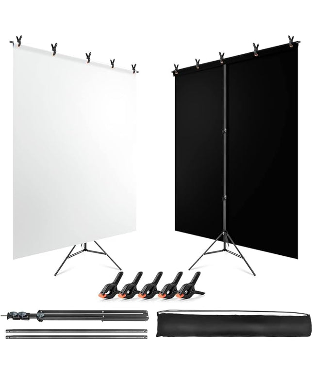 Black White Backdrop Screen with Stand Kit for Photo Video Studio Filming 5X6.5ft, Black Backdrop White Photo Curtain Background with T Shape Stand and 5 Spring Clamp for Photography Party Decorations