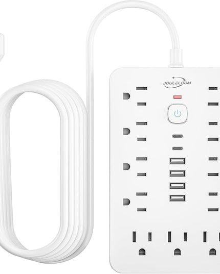20 FT Flat Plug Surge Protector Power Strip,11 Multiple AC Outlets with 6 USB Ports (2 USB C), 20 Feet Extension Cord, 1250W/10A, One Touch Switch Button, White