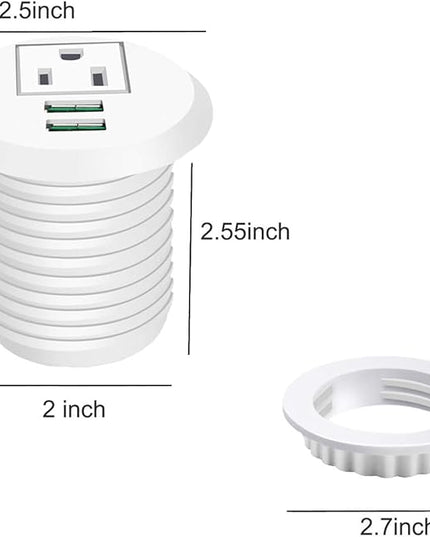 Desktop Power Grommet,Desk Grommet Outlet 2 inch Hole,Power Grommet with USB, Easy Access to 1 power Source Along with 2 USB Power Port Connections(white)