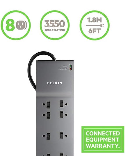 Belkin Power Strip, Belkin Surge Protector - 8 AC Multiple Outlets (3550 Joules) - 6 ft Long Flat Plug Heavy Duty Extension Cord for Home, Office, Travel, Computer Desktop & Phone Charging Brick - Black