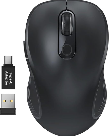 WisFox 2.4G Wireless Mouse for Laptop, Ergonomic Computer Mouse with USB Receiver and Type-C Adapter, 3 Adjustable Levels, 6 Button Cordless Wireless Mice for Windows Mac PC Notebook (Black)