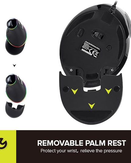 DeLUX Ergonomic Vertical Mouse, Wired Ergo Mouse for Large Hands, 6 Programmable Buttons, Up to 12800 DPI, Removable Wrist Rest, Vibrant RGB Backlit, for Windows 7/8/10/XP/Vista (M618Plus RGB-Wired)