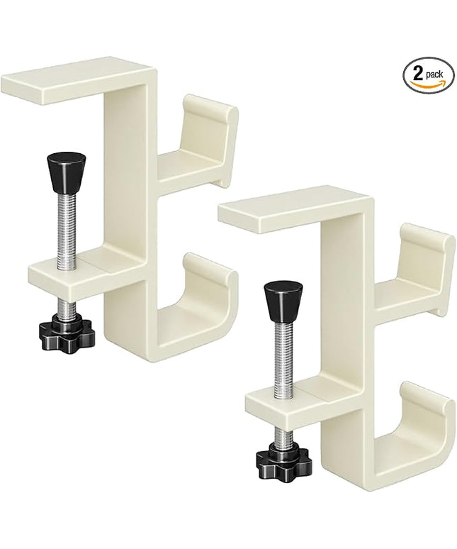 INEDRIMS 2-Pack Headphone Stand & Hook – Under Desk Headset Holder Clamp Mount for Gaming Headphones, Backpacks, Purses, Coats – Space-Saving Desk Accessories (White Dual Hook)