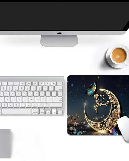 Golden Retro Fantasy Starry Moon Butterfly Square Mouse pad, Texture, Waterproof, Anti Slip Rubber Base, Computer Mouse pad