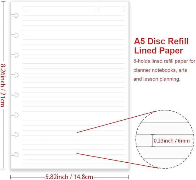 A5 TUL Discbound Lined Refill Paper, Junior Size 8 Disc Disbound Notebooks, 100Sheets/200Pages, 100gsm White Paper, 5.8'' x 8.2''