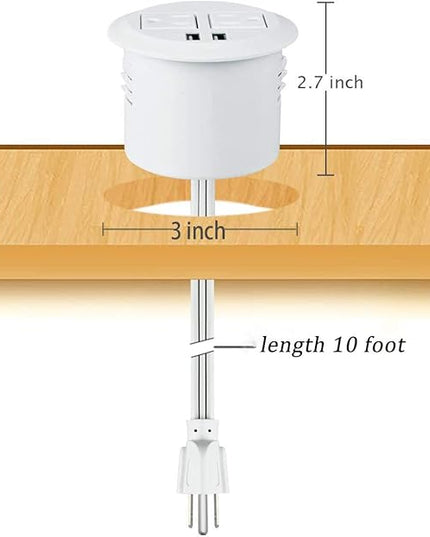 Desktop Power Grommet Power Outlet Socket Desk Data Center 2 Outlet with 2 USB Ports with 10 FT Extension Cord(White)
