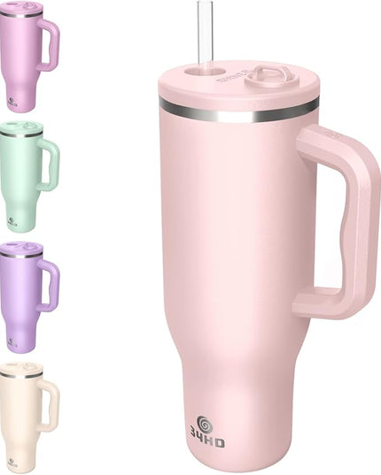34HD 40 oz Stainless Steel Tumbler - Leakproof Insulated Water Bottle with Handle, Magnetic Lid and Flexible Straw - Iced for 48 Hours – Perfect for Men, Women, Birthday Gift, Pink - Rose Dust
