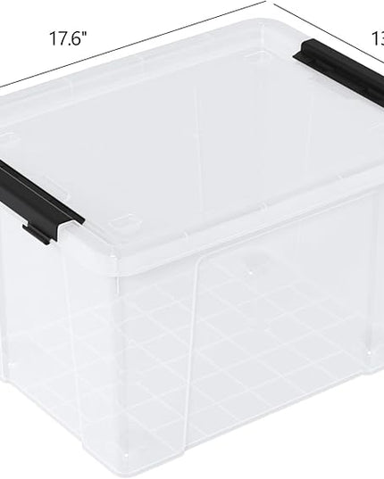Set of 4 34 L Stackable Plastic Storage Bins with Latching Lids and Wheels, Clear Home Organization Container Box, See-Through