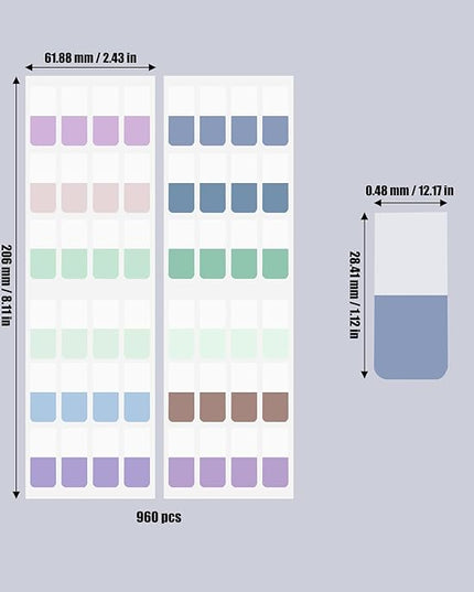AccEncyc 960 Pcs Colored Index Tab 0.5"x1.1" Large Book Sticky Tabs Repositionable Page Tabs Flags Page Markers Labels for Notebooks, Filing, Classification,12 Colors