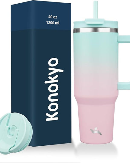 40 oz Tumbler with Handle and 2 Straws,2 in 1 Lid Insulated Water Bottle Stainless Steel Travel Coffee Mug,Gum