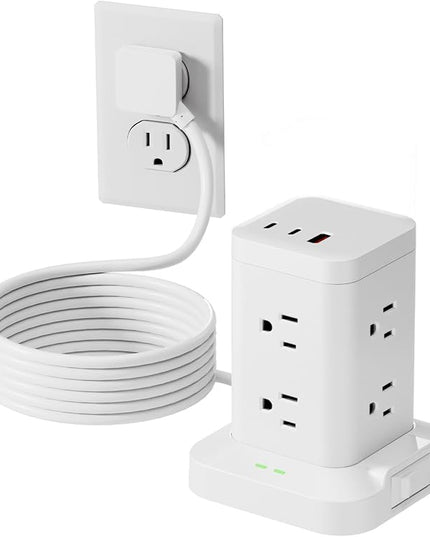 Power Strip Tower with Surge Protector 1800J, Fast Charging Tower PD20W USB-C Ports with 8 AC Outlets, 6ft Extension Cord for Home Office Dorm Room, White