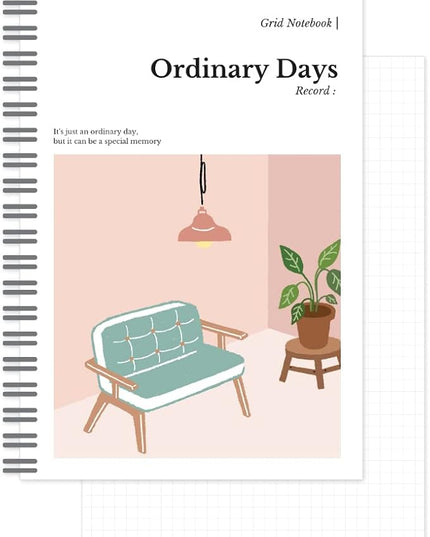 Monolike Ordinary days A5 Grid Spiral Notebook, Living room - Hardcover 5.83 x 8.27inch 128 Page,120GSM Thick paper