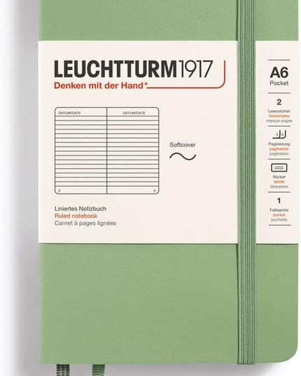 LEUCHTTURM1917 - Notebook Softcover Pocket A6-123 Numbered Pages for Writing and Journaling (Ruled, Sage)