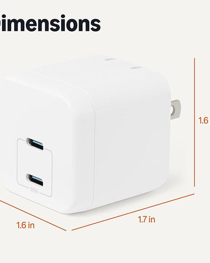 Amazon Basics Fast Charging USB C Nano GaN Wall Charger, 35W 2-Port for Tablets Phones, White