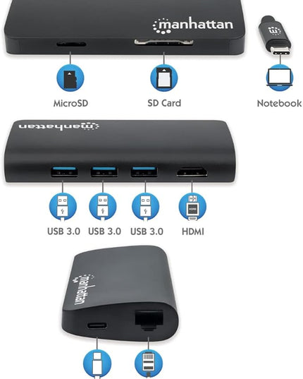Manhattan USB-C Dock/Hub with Card Reader, Ports (x5): Ethernet, USB-A (3) and USB-C, with Power Delivery to USB-C Port (100W), 5 Gbps (USB 3.2 Gen1 aka USB 3.0), Cable 30cm, Aluminium, Black