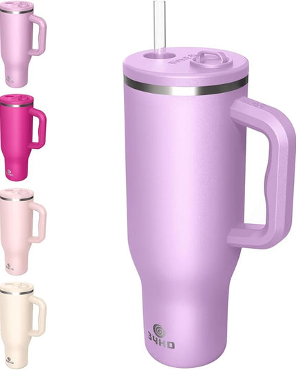 34HD 40 oz Stainless Steel Tumbler - Leakproof Insulated Water Bottle with Handle, Magnetic Lid and Flexible Straw - Iced for 48 Hours – Perfect for Men, Women, Birthday Gift, Purple - Lilac Bloom