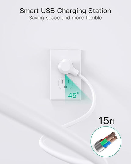 2 Pack Power Strip, 15FT Long Extension Cord, Surge Protector with 6 Outlets and 4 USB Charging Ports(2 USB C), Flat Plug Overload Protection, Wall Mount for Home Office Dorm College