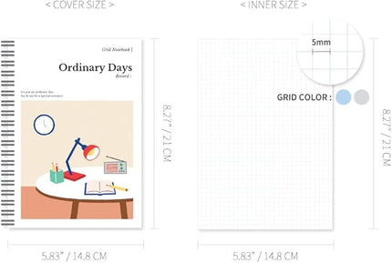 Monolike Ordinary days A5 Grid Spiral Notebook, Study room - Hardcover 5.83 x 8.27inch 128 Page,120GSM Thick paper