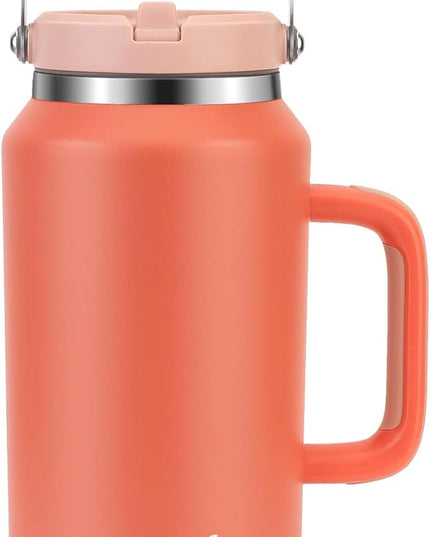 64oz Stainless Steel Water Bottle with Flip Straw - Leak-Proof, Sweat-Free, Top and Side Handle, Anti-Slip Base, Iced for 34 Hours, Dishwasher Safe - Water Jug for Sports Events, Beach Days